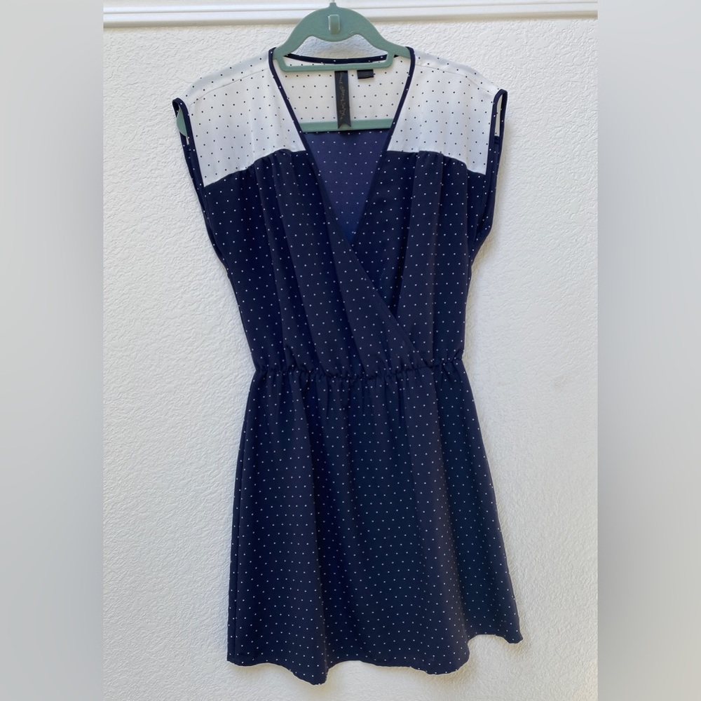 Petticoat Alley Surplice Front Dress - Navy/White Polka Dot - Size Small